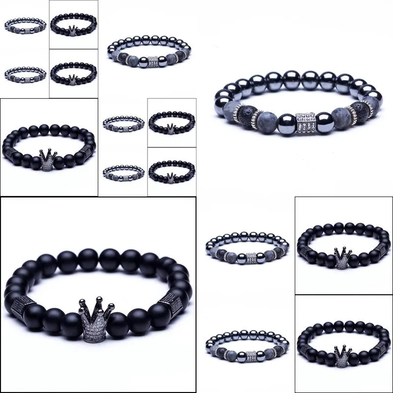 lava stone natural stone beads strand bracelet for men crown skull pendant charms bracelet male jewelry