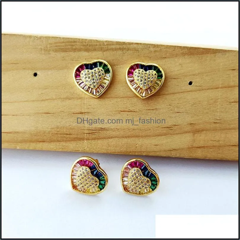 gold color heart shape stud earrings micro pave rainbow cubic zirconia earrings for women jewelry er935