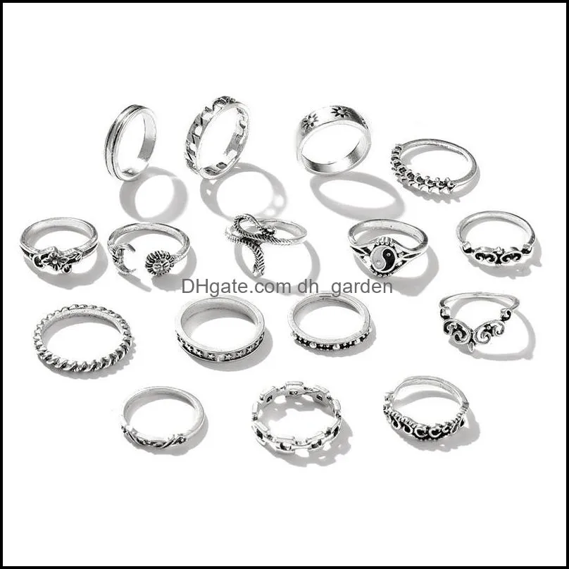 cluster rings punk silver color heart set for women men vintage moon star animal butterfly chain finger ring female male jewelrycluster