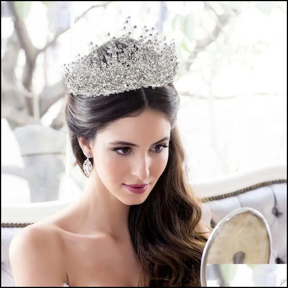 luxury princess rhinestone wedding crown silver pageant tiara crowns chic bride headbands wedding hair accessories with earrings