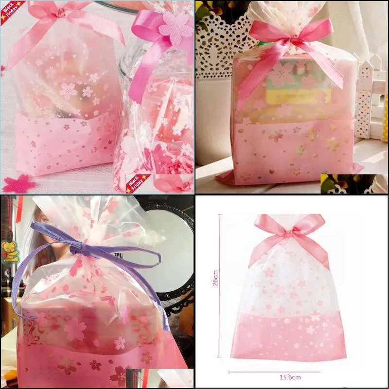 100pcs 16x26cm pink cherry blossom printing transparent gift packaging bags plastic bag for candy and sweets christmas wrap