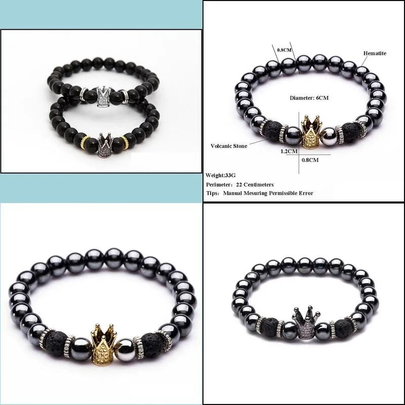 charm natural stone bracelets high quality golden black crown dumbbells mens bracelets hematite beads bracelet for women men