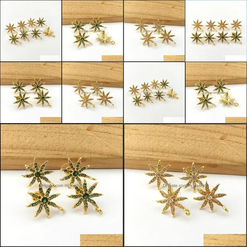 leaf stud earrings post with loop hanger cz micro paved for diy women jewelry earring findings er1041