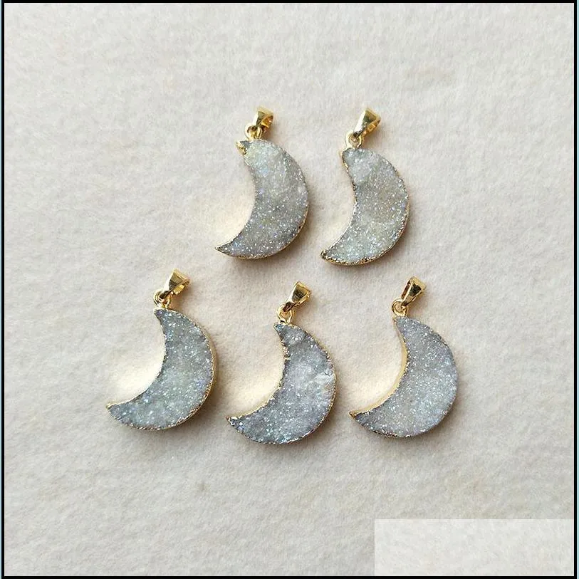 5pc grey/white/buff gold color natural moon crystal druzy geode pendant handmade gem stone drusy quartz charm jewelry making necklace