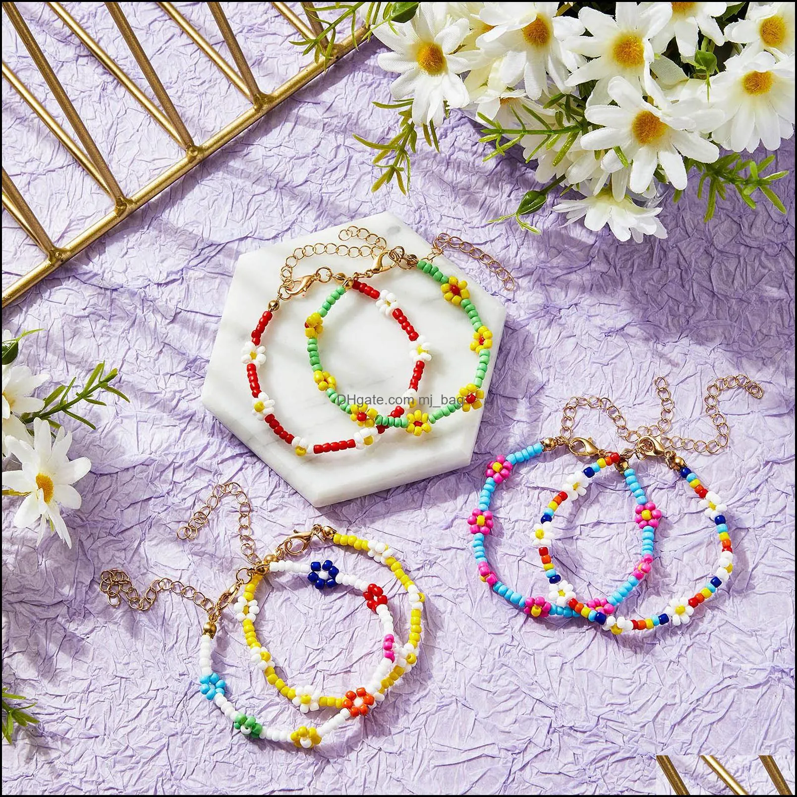 Beaded Strands L Colorf Daisy Flower Bead Bracelets Y2K Jewelry Aesthetic Anklet Handmade Anklets Boho Beach Summer Brai Yzedibleshop