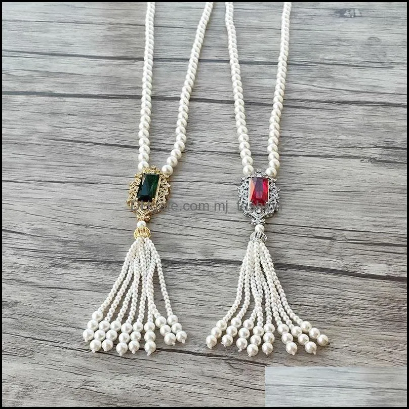 red/green zircon charm pendant cz micro pave connector natural shell pearl beads chain tassels women jewelry necklace nk512