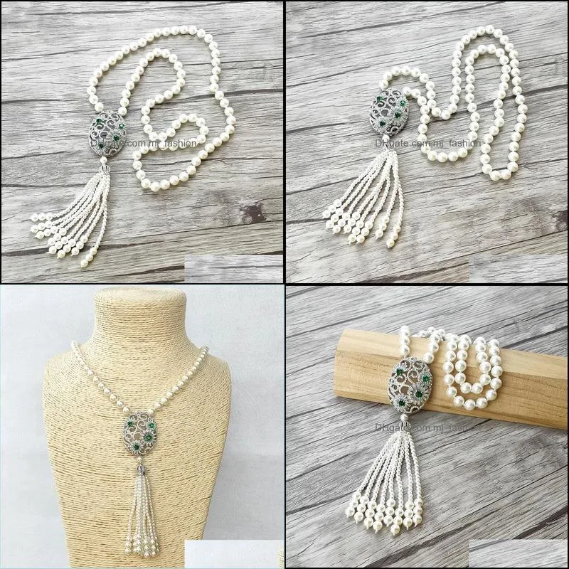 4 pcs flower shape charm pendant cz micro pave connector natural shell pearl beads chain tassels women jewelry necklace nk505