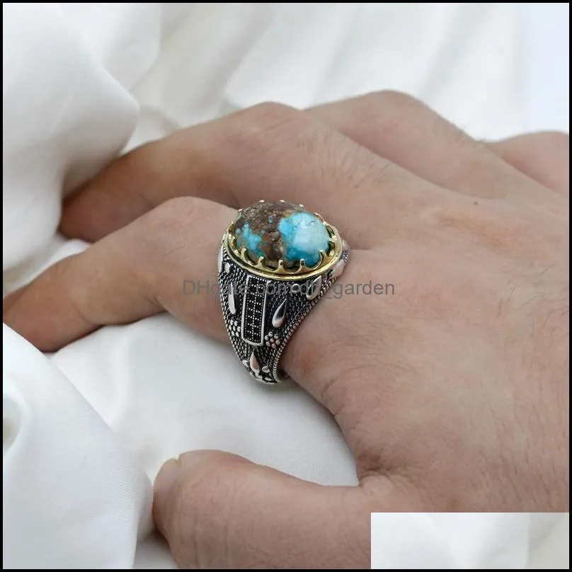 cluster rings natural turquoise/agate stone 925 silver for men vintage rock handmade turkey jewelry exquisite mens ring chrismas