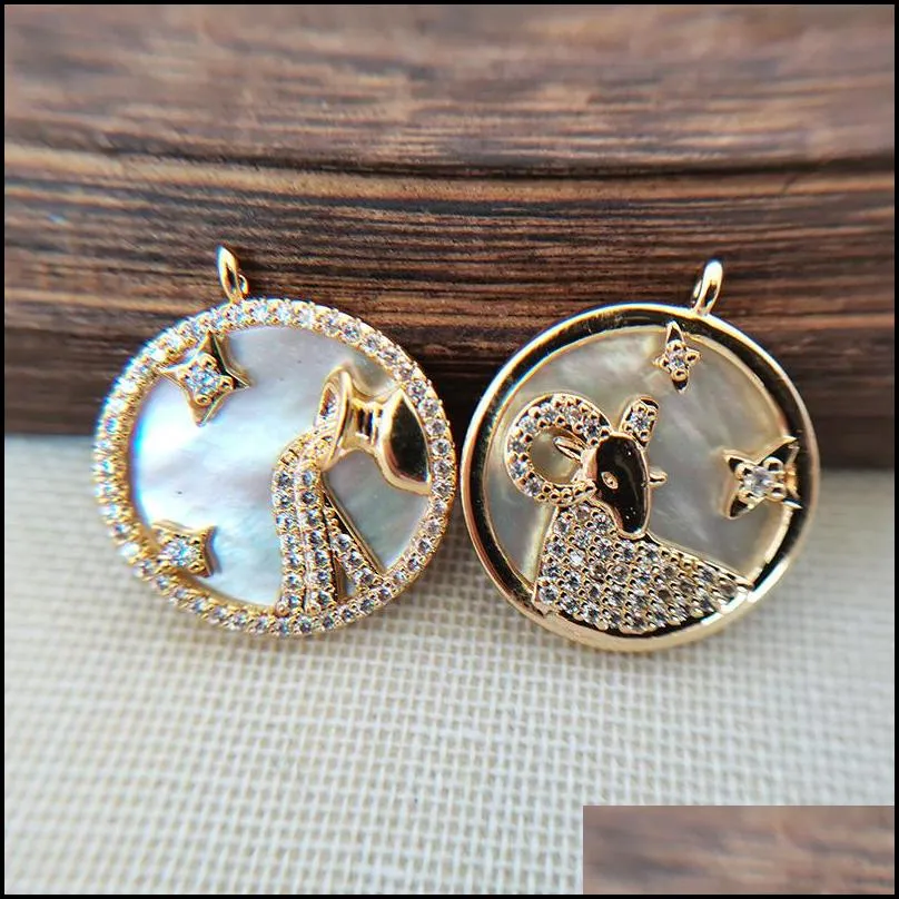 cz micro pave 12 constellation round shaped shell pendant gold plated charm for necklace jewelry making finding pd1026