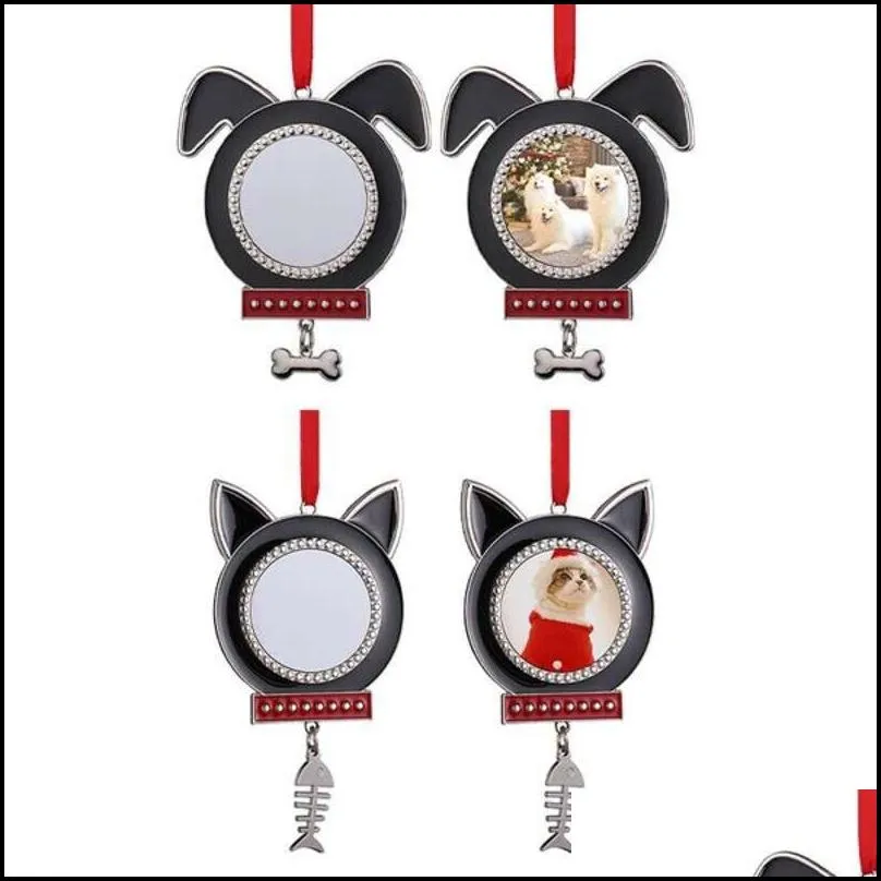 sublimation metal cat dog head tag christmas pet pendant with red rope decorations