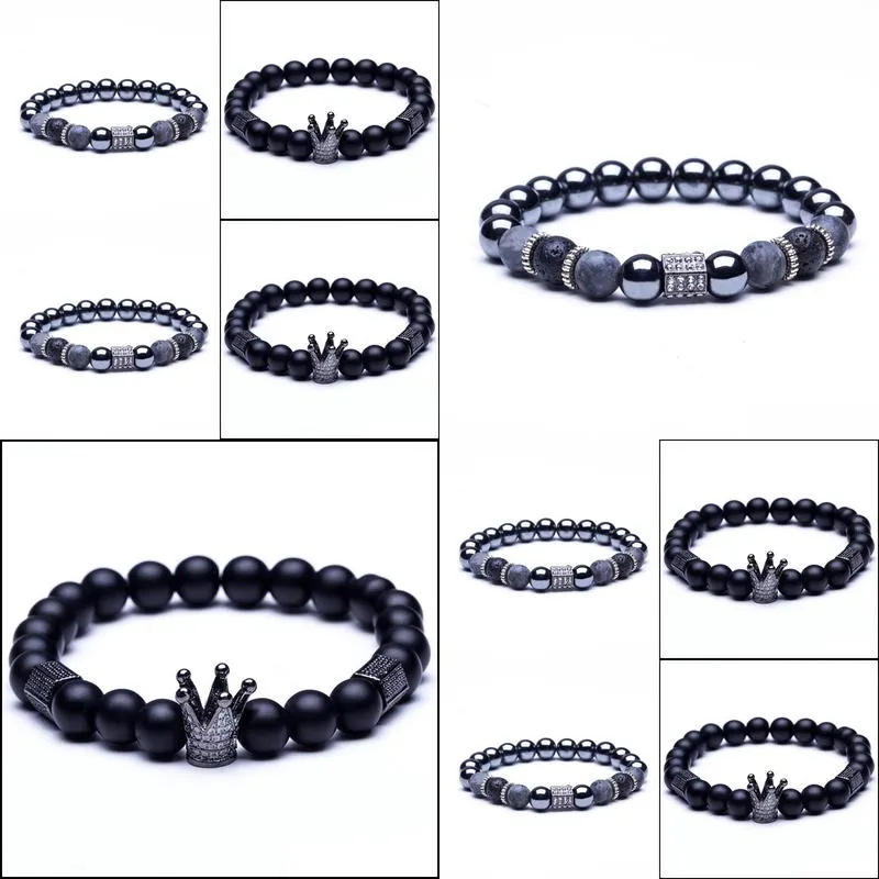 lava stone natural stone beads strand bracelet for men crown skull pendant charms bracelet male jewelry