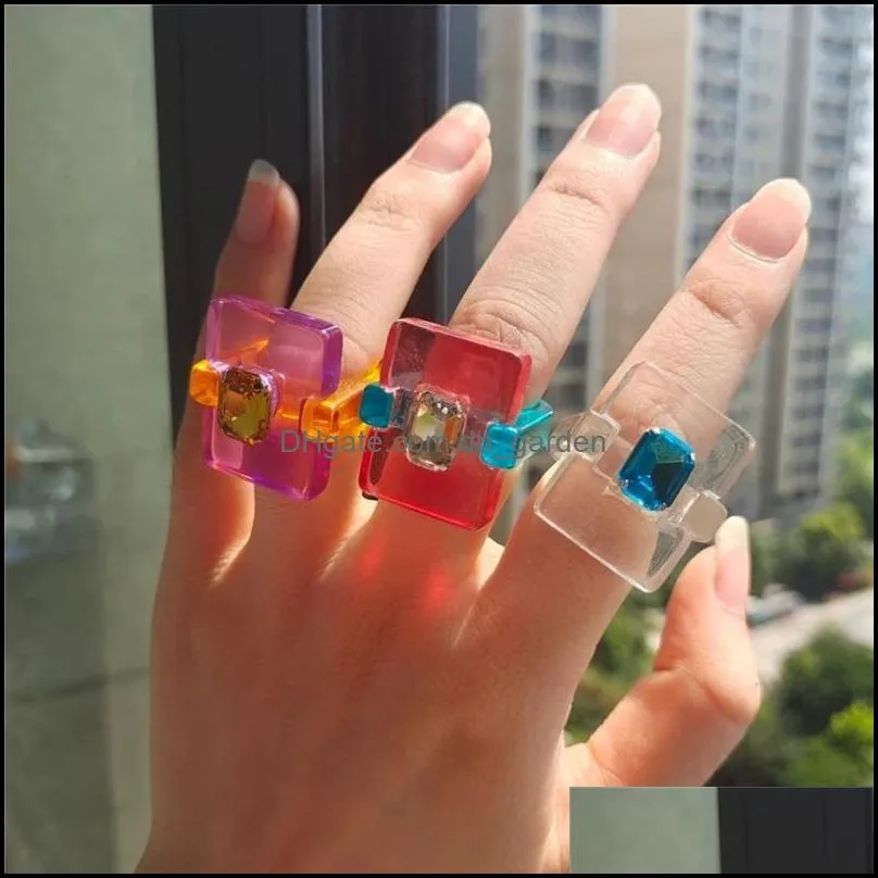 cluster rings 2022 colourful transparent splicing geometric square rhinestone resin acrylic for women girls jewelry party giftscluster