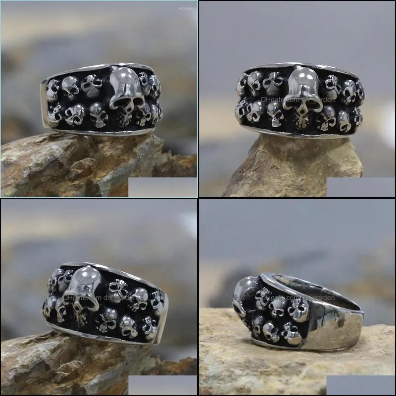 cluster rings gothic punk double row skull ring mens stainless steel biker unique heavy metal hip hop jewelrycluster brit22