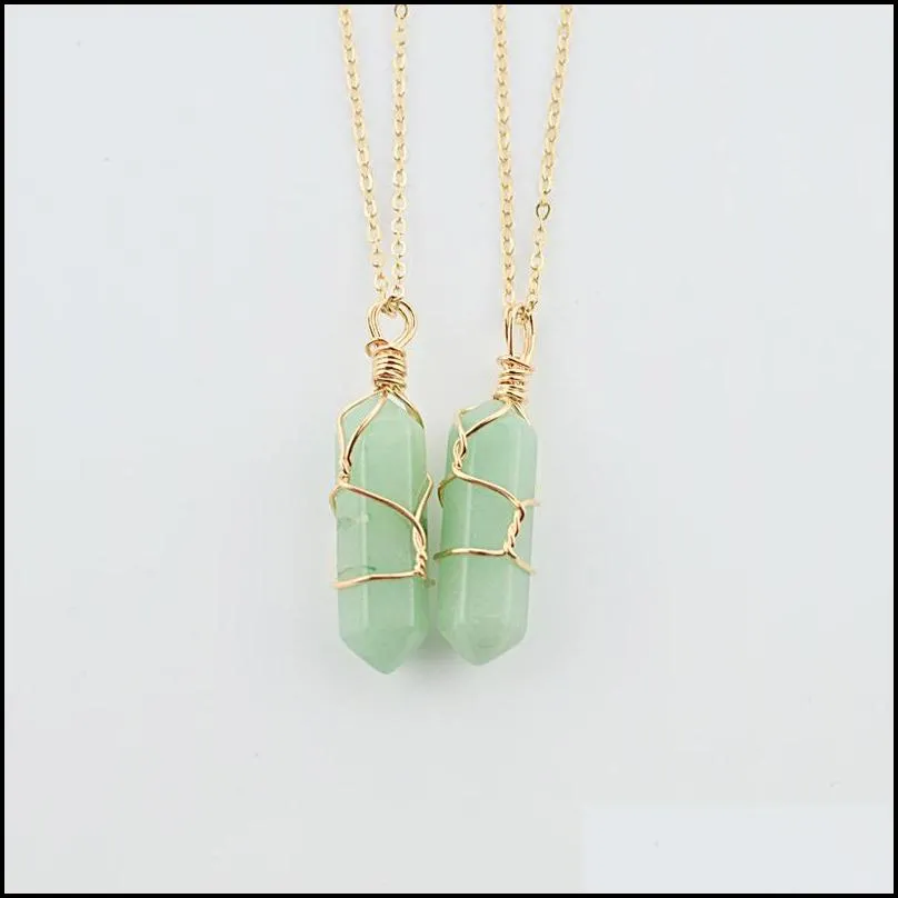 natural stone six prism coneshape cut crystal necklace pendant gold link chains 2pcs/lot wholesale