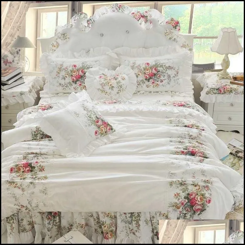 4pcs korean style beige princess bedding set luxury rose printing lace quilt cover ruffles bedspread bed sheet cotton queen king size 487