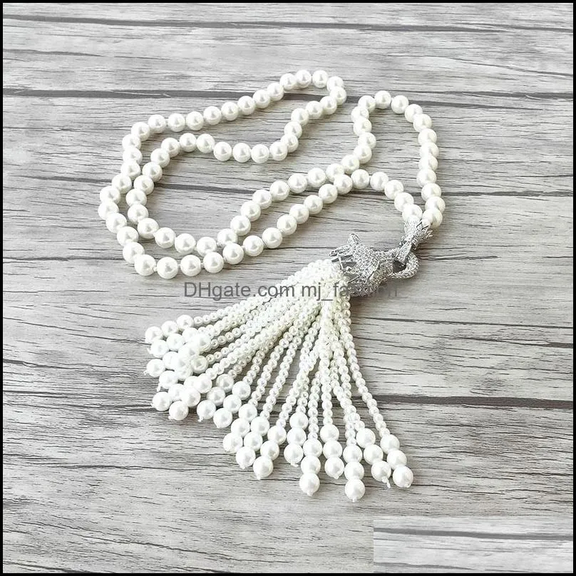 leopard head zircon tassels charm pendant cz micro pave natural shell pearl beads chain women jewelry necklace nk521