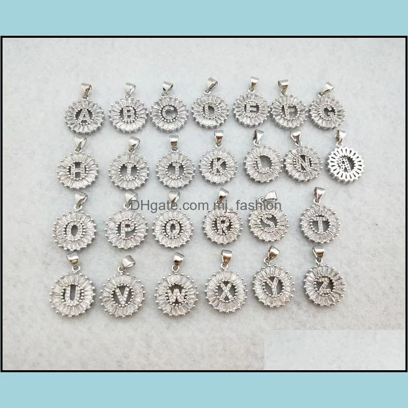 silver color round micro pave crystal cubic zirconia 26 letter pendants charms necklace jewelry making for woman nk347