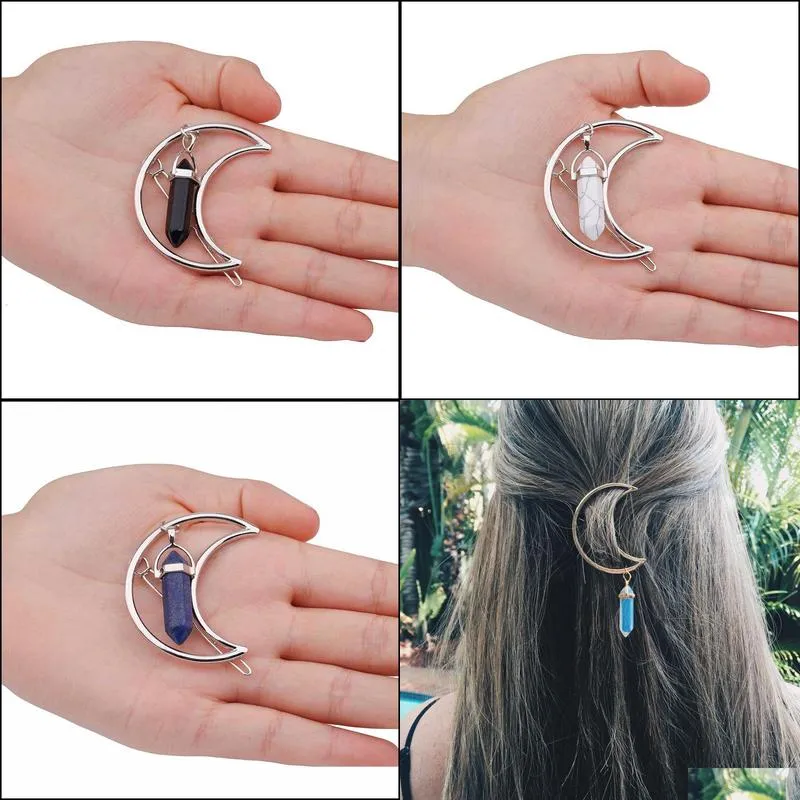 2018 female retro moon quartz six prism alloy hairpin stone pendant charm clip hairpin sweet new