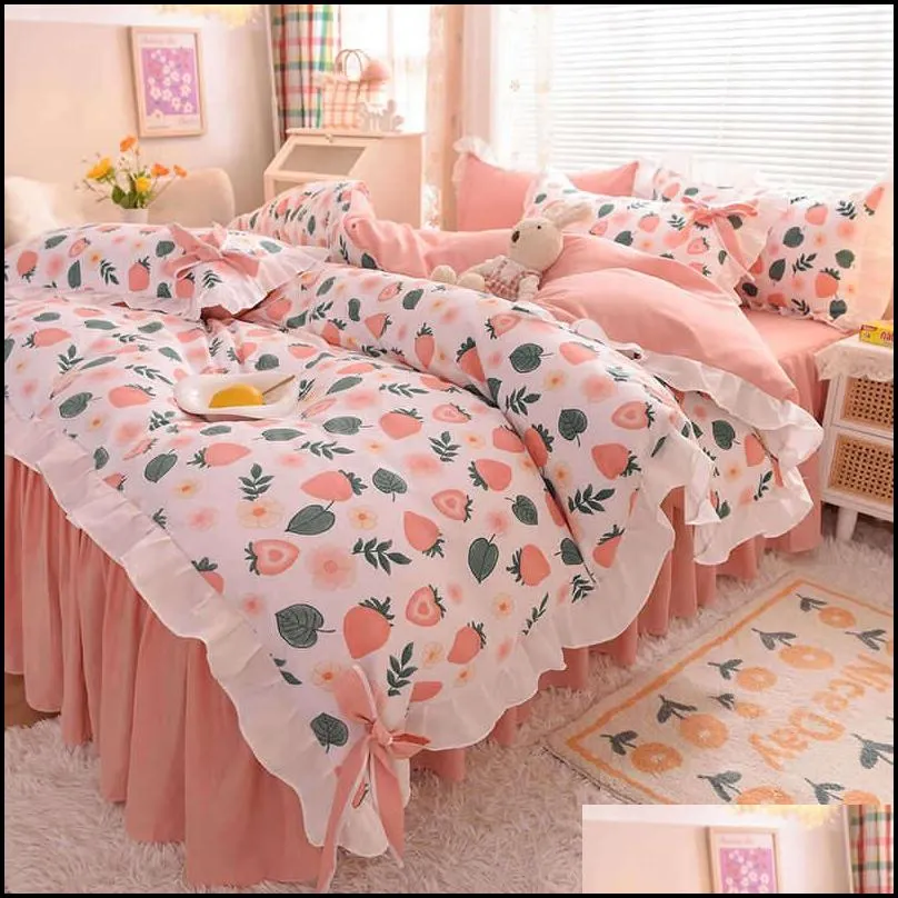 bedding sets spring and autumn brushed bed skirt fourpiece set pastoral style sheet quilt cover dormitory student thre 220923