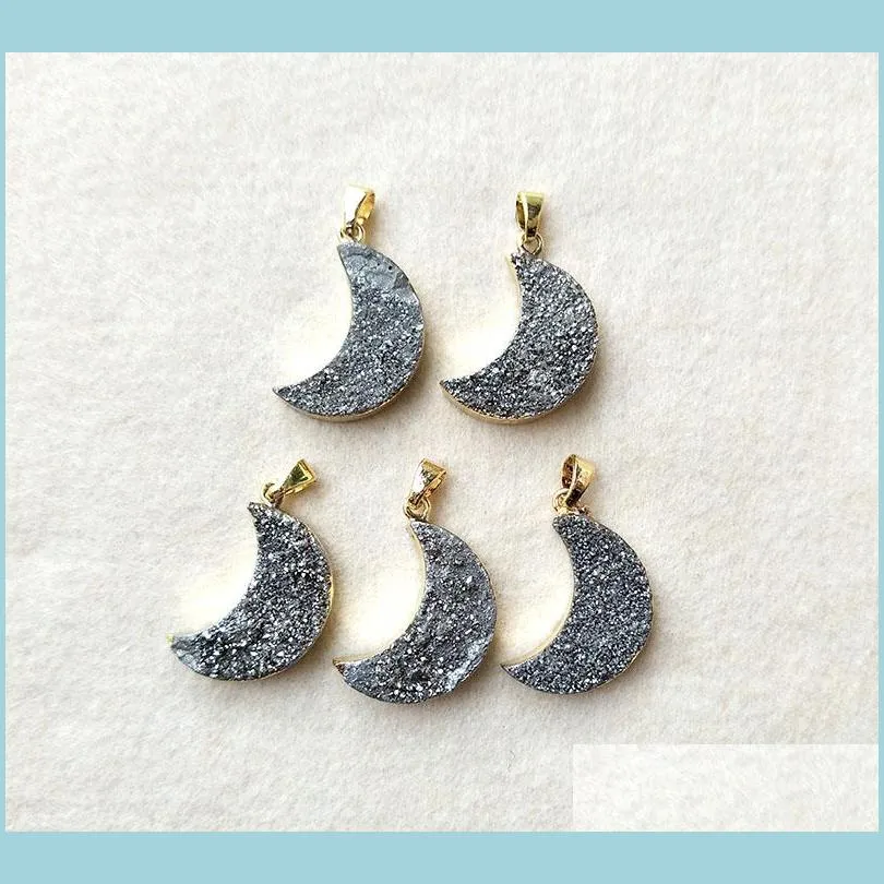 5pc grey/white/buff gold color natural moon crystal druzy geode pendant handmade gem stone drusy quartz charm jewelry making necklace