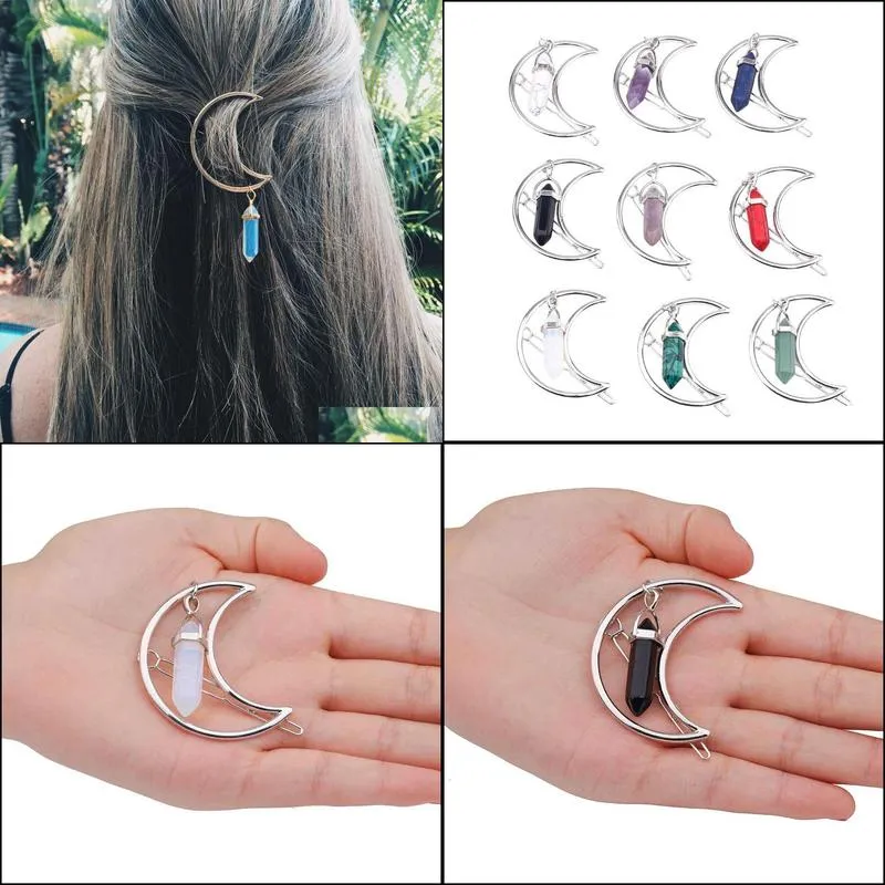 2018 female retro moon quartz six prism alloy hairpin stone pendant charm clip hairpin sweet new