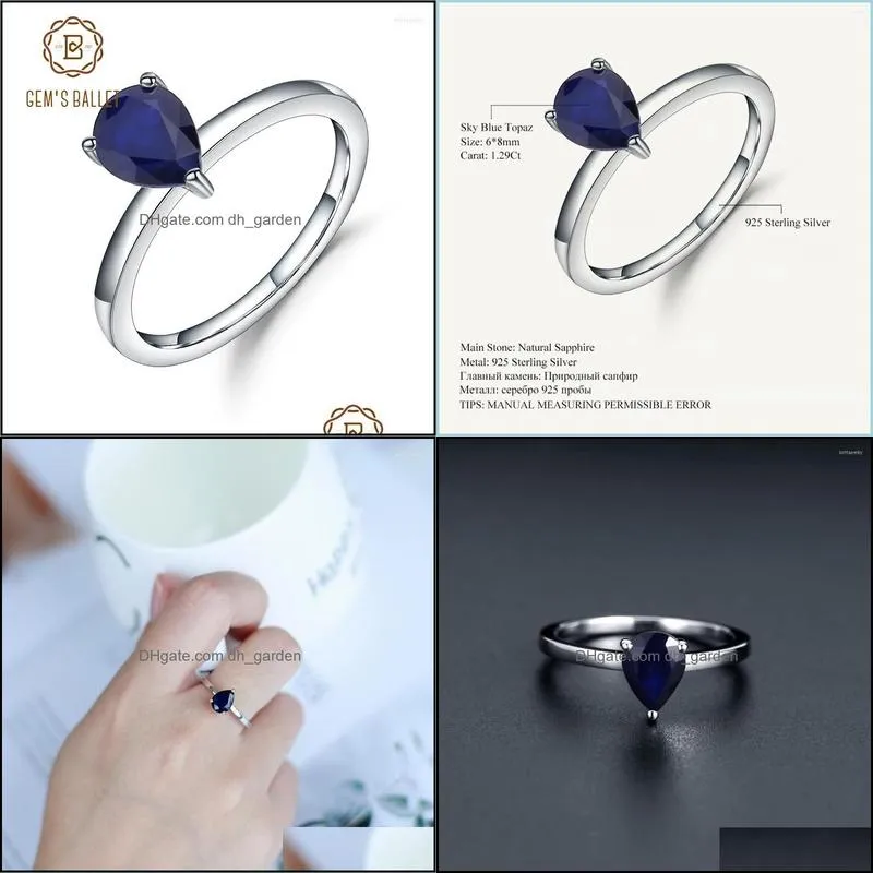cluster rings gems ballet 1 29ct natural blue sapphire solitaire gemstone 925 sterling silver water drop ring for women fine jewelry
