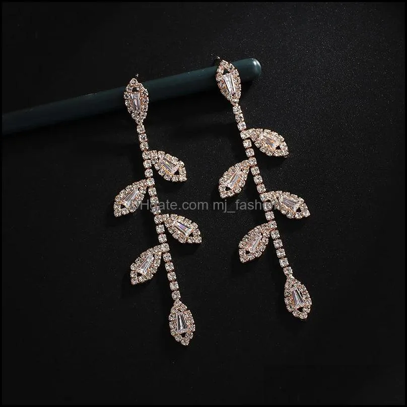 leaf design bridal dangle earrings sparkling rhinestone crystal long earring for women wedding jewelry gift