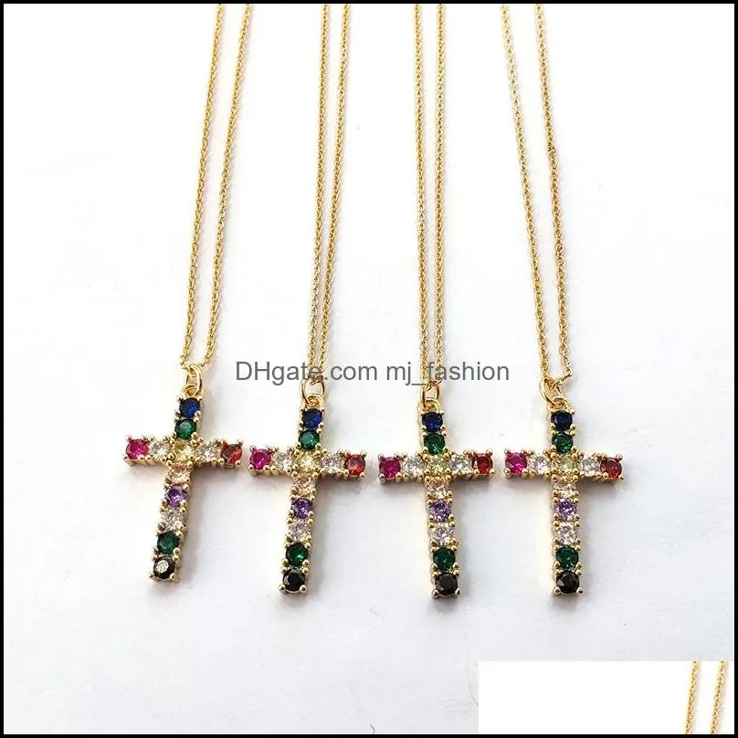 fashion rainbow cubic zirconia micro pave cross pendant necklace multicolor cz stone charms women jewelry nk440