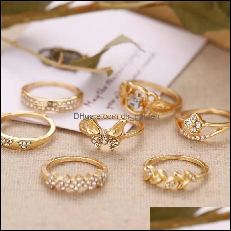 cluster rings 7pcs/set bohemian geometric wave flower leaf butterfly crystal ring set for women fashion joint finger jewelry