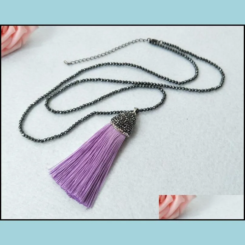 5 strands hematite beads necklace handmade pave crystal rhinestone csilk thread tassel pendant boho necklaces for women nk111
