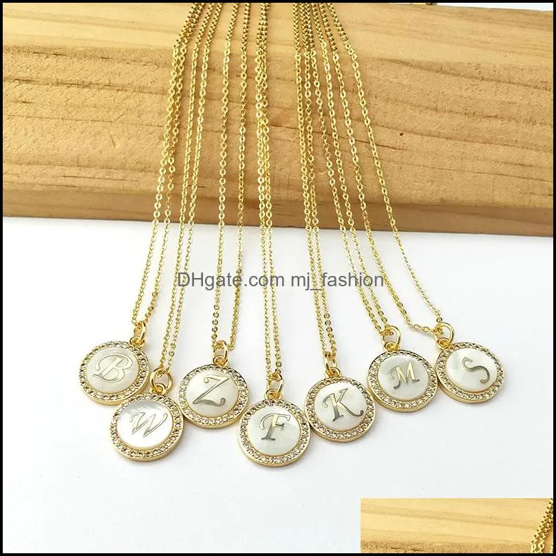 new design gold color shell charms pendant micro pave crystal cubic zircon cz 26 alphabet letters necklaces jewelry nk481