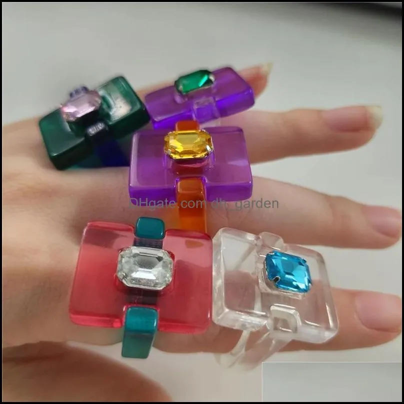 cluster rings 2022 colourful transparent splicing geometric square rhinestone resin acrylic for women girls jewelry party giftscluster
