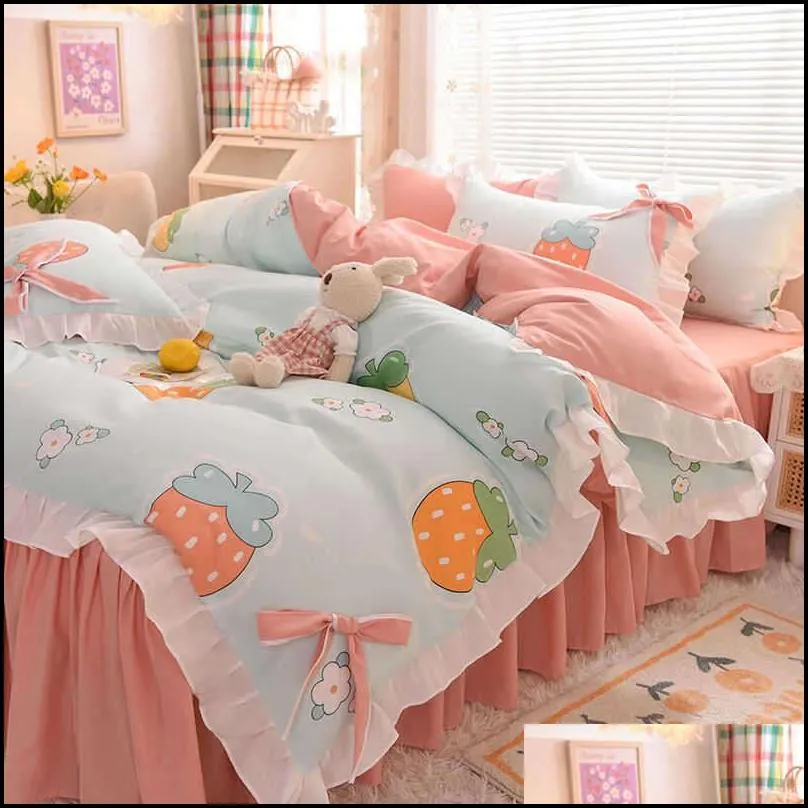 bedding sets spring and autumn brushed bed skirt fourpiece set pastoral style sheet quilt cover dormitory student thre 220923