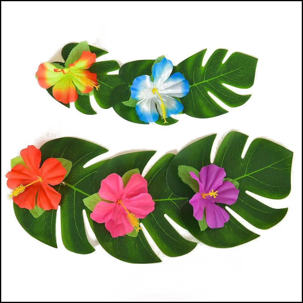 decorative flowers wreaths 12/24pcs artificial leaf tropical palm leaves simulation luau theme party decorations diy home garden