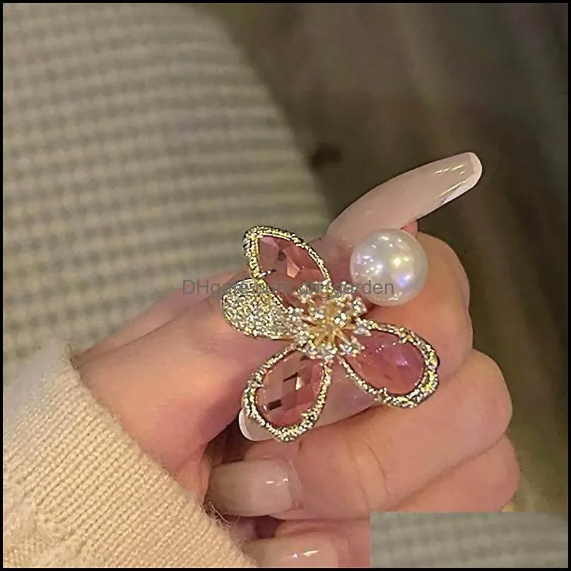 cluster rings design fashion jewelry exaggerated pink crystal flower pearl ring luxury shiny womens opening adjustable wedding