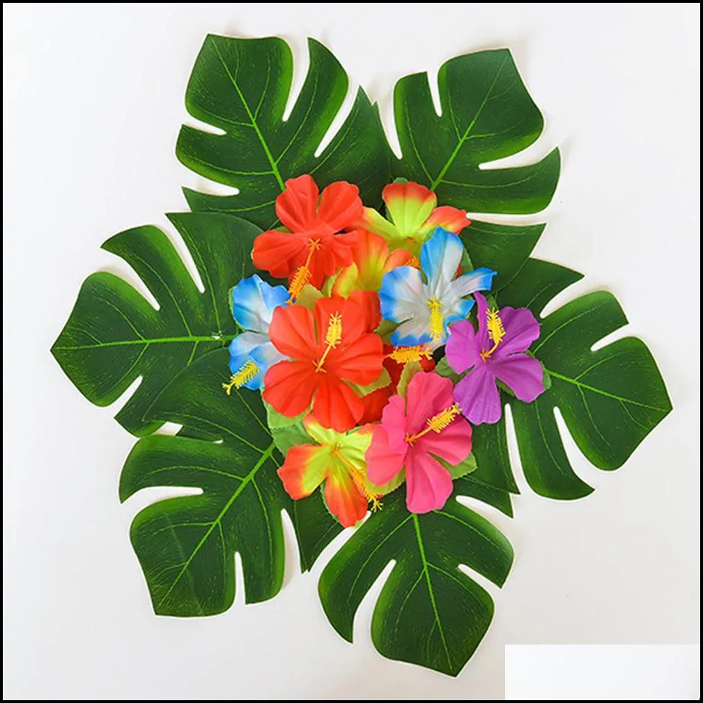 decorative flowers wreaths 12/24pcs artificial leaf tropical palm leaves simulation luau theme party decorations diy home garden