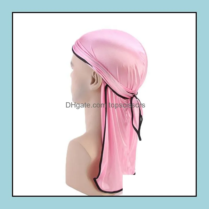 new men solid headwear headband pirate silky durag 17 colors long tail headwrap satin breathable bandana hat hair styling tool 10pcs