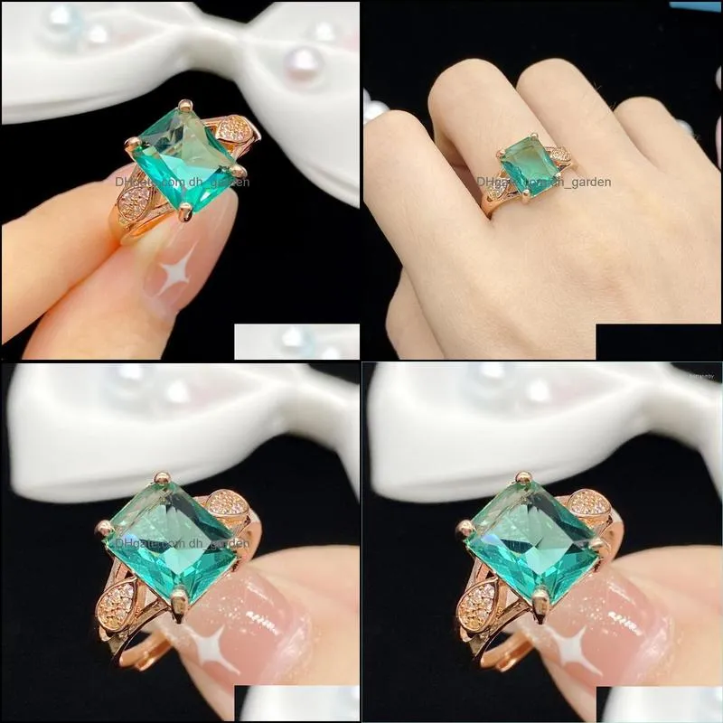 cluster rings silver temperament rectangular simulation malachite green tourmaline adjustable ring rose gold plated for women