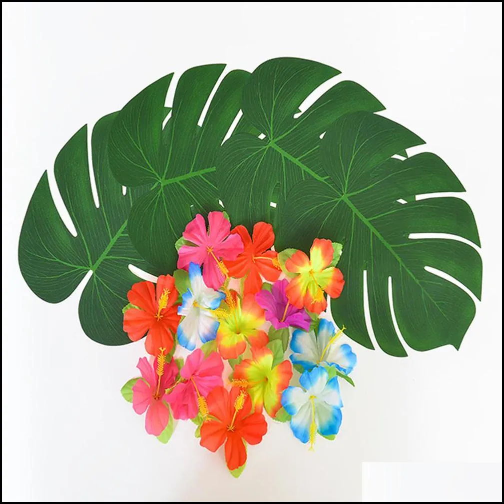 decorative flowers wreaths 12/24pcs artificial leaf tropical palm leaves simulation luau theme party decorations diy home garden
