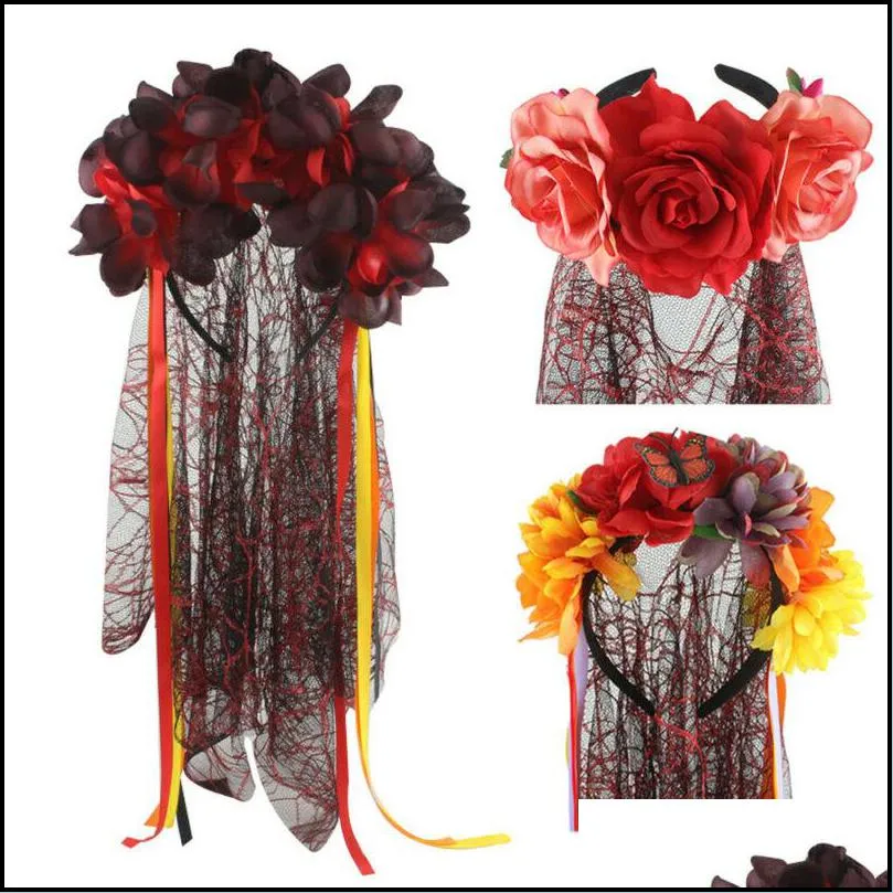 christmas decorations women girls fancy rose flower lace hairband headband halloween party costume accessories black red1