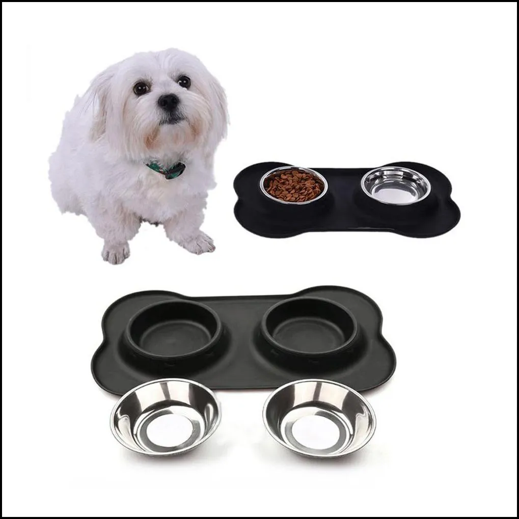 practical dog bowls stainless steel water and food feeder with non spill skid resistant silicone mat for pets puppy small medi y200922