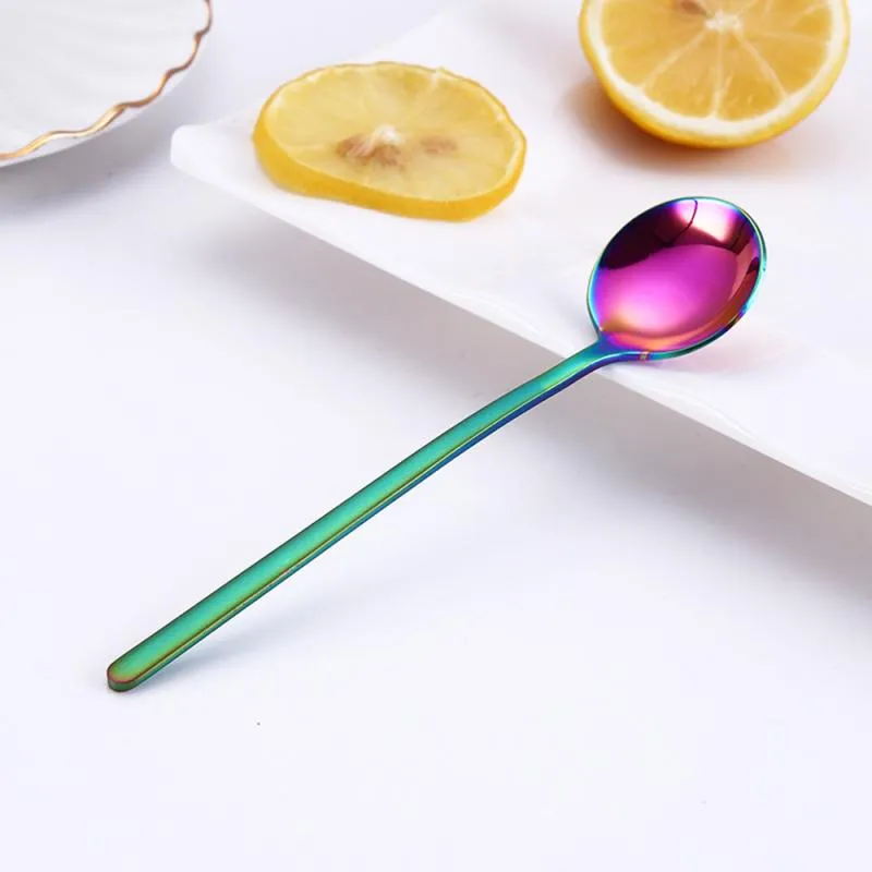 stainless steel coffee spoon dessert ice cream fruit long handle teaspoons round shape coffee mixing spoon kitchen tool