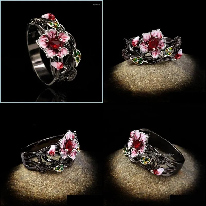 cluster rings exquisite womens jewelry red flower 925 silver ring creative elegant attend banquet wedding ringcluster brit22