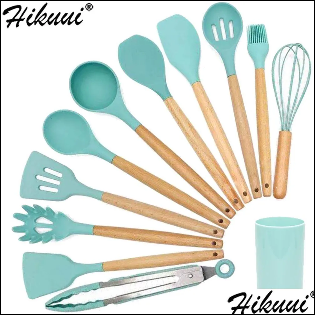 cookware parts silicone cooking utensil set wooden handle spatula soup spoon brush ladle pasta colander nonstick kitchen tools 220928