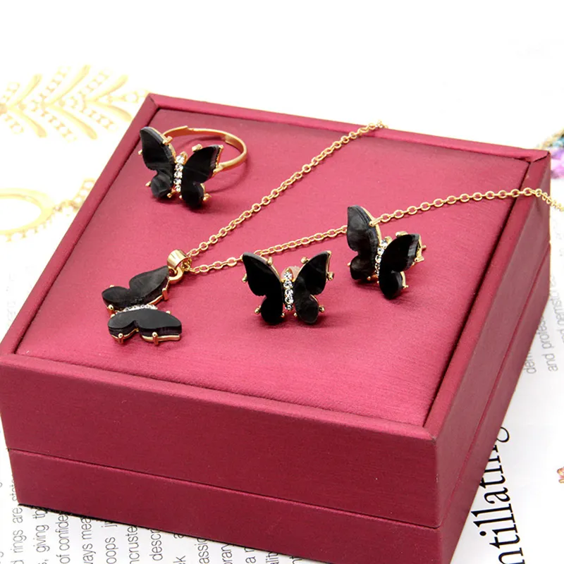 carlidana /set luxury black stone butterfly pendant necklace/earrings/ring bohemia jewelry set for women anniversary gift