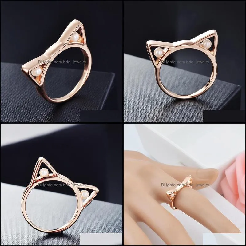 cluster rings sweet romance womens cat ear ring rose gold pearl engagement wedding banquet jewelry valentines day gift