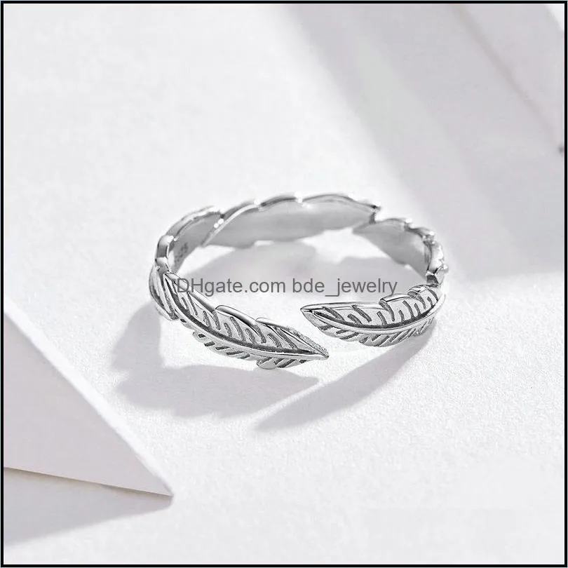 cluster rings somen s925 sterling silver ring carved white feather open european and american fashion platinumplated jewelry