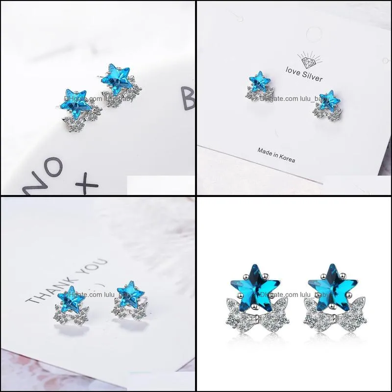 stud onevan charm 925 silver earrings for women wedding exquisite crystal blue star cute butterfly earring jewelry lady birthday gift