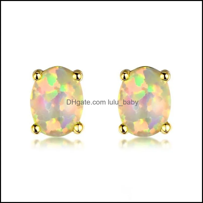 stud female cute small oval stone earrings white blue green opal boho rose gold silver color wedding for women