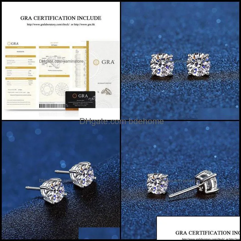 stud earrings jewelry real 14k white gold plated sterling sier 4 prong diamond earring for women men ear 1ct 2ct 4ct 220211 drop delivery